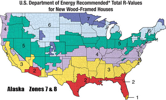 DOE Insulation Map - Suggestions by the DOE on the amount of insulation you need based on where you live in the US